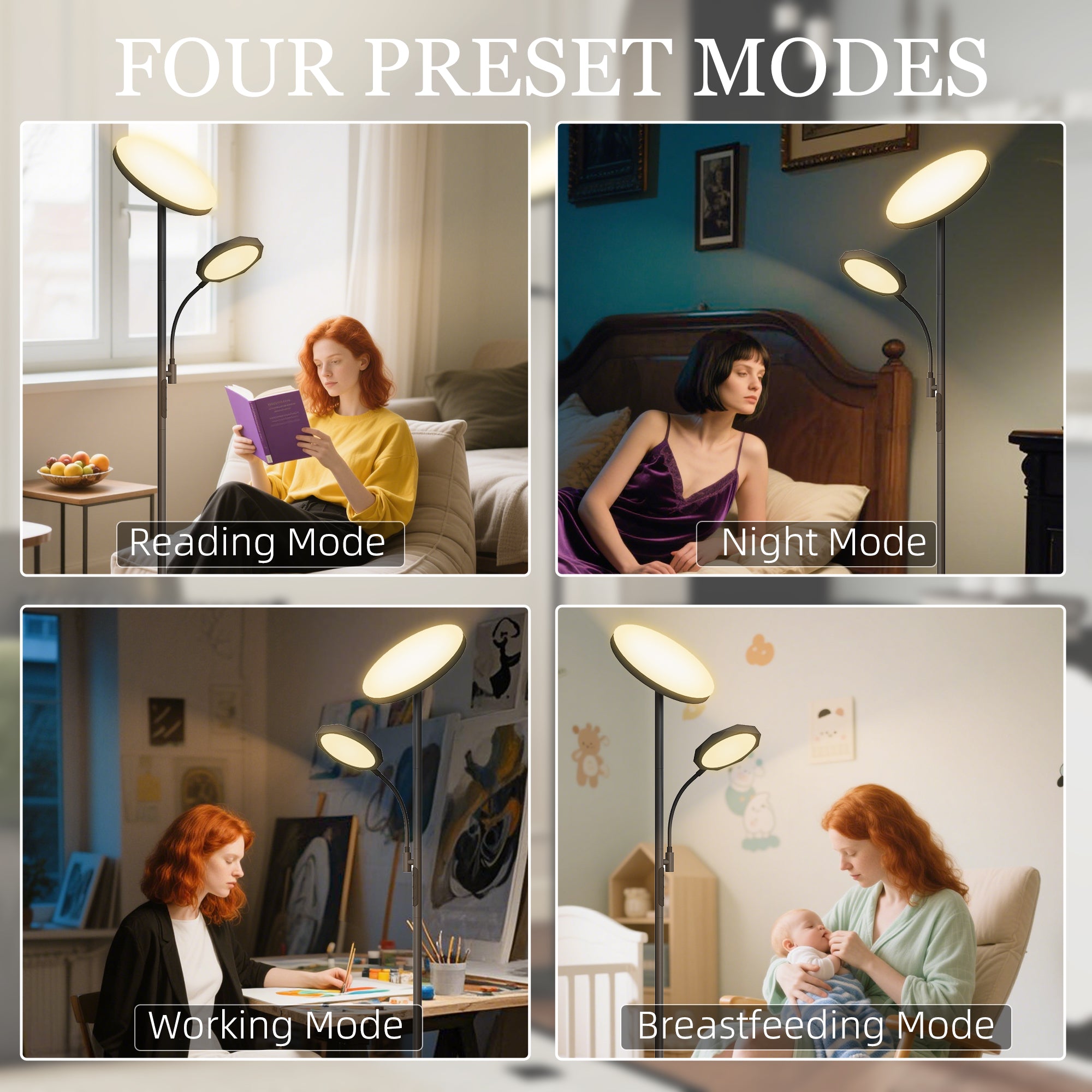 HOMCOM LED Floor Lamp for Living Room, Stepless Dimmable Standing Lamp, Mother and Child Uplighter with Reading Light, 4 Scene Modes, 2700K-6500K Colour Temps, 4 Brightness Levels, Remote Control