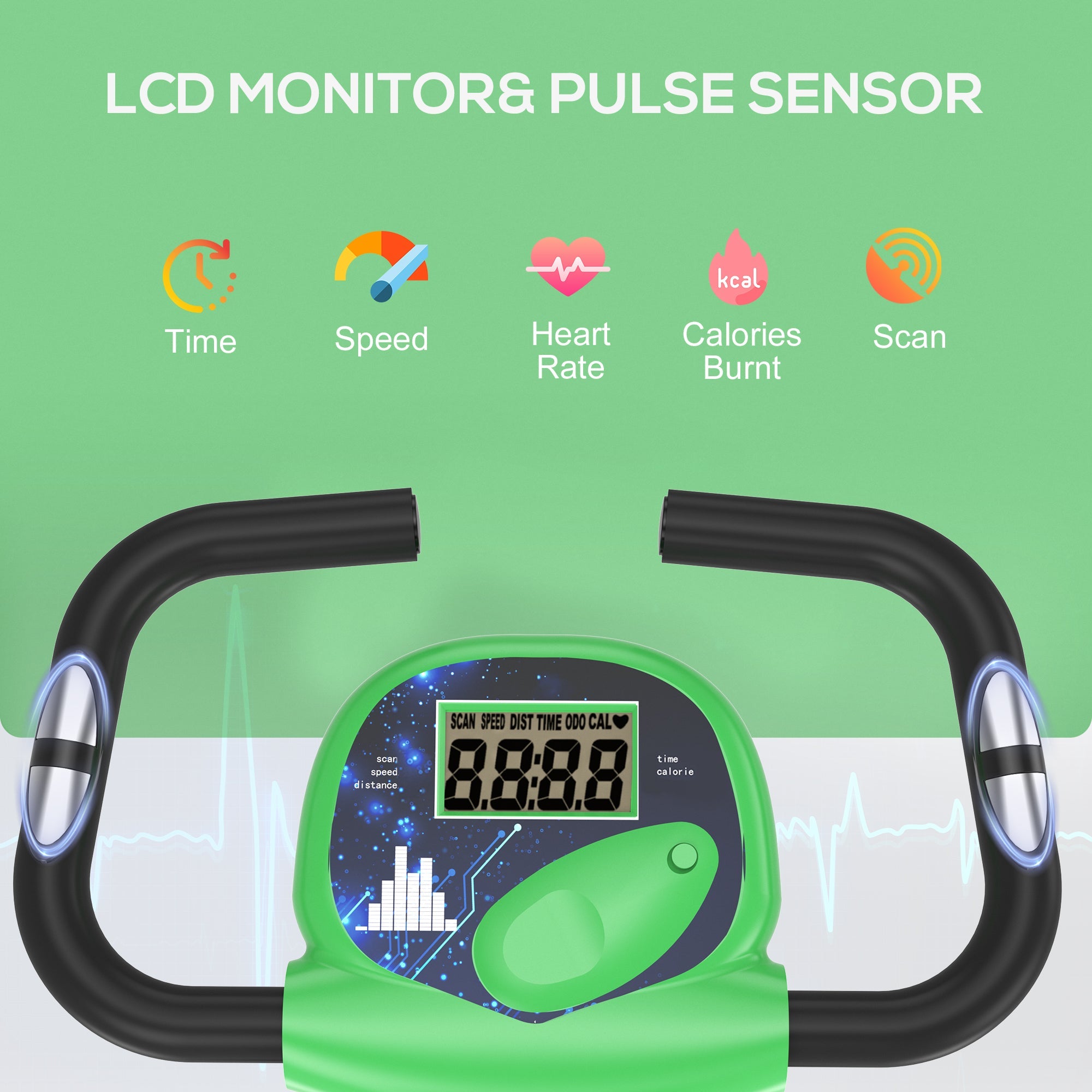 HOMCOM Folding Exercise Bike, Fitness Bicycle Indoor Trainer, 8-Level Magnetic Resistance Adjustable, with LCD Monitor, Pulse Sensor, Green