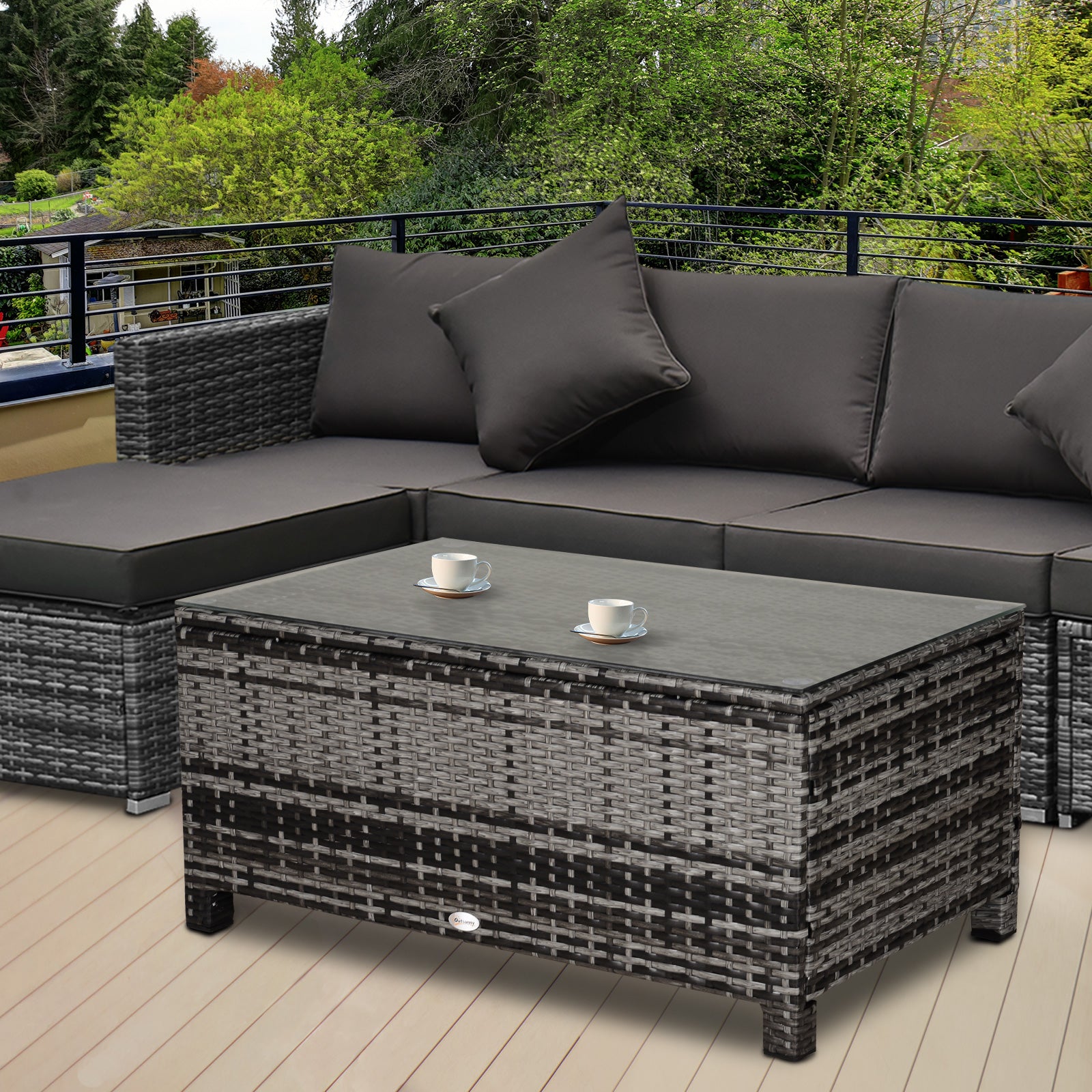 Outsunny PE Rattan Garden Coffee Table, with Glass Table Top - Grey