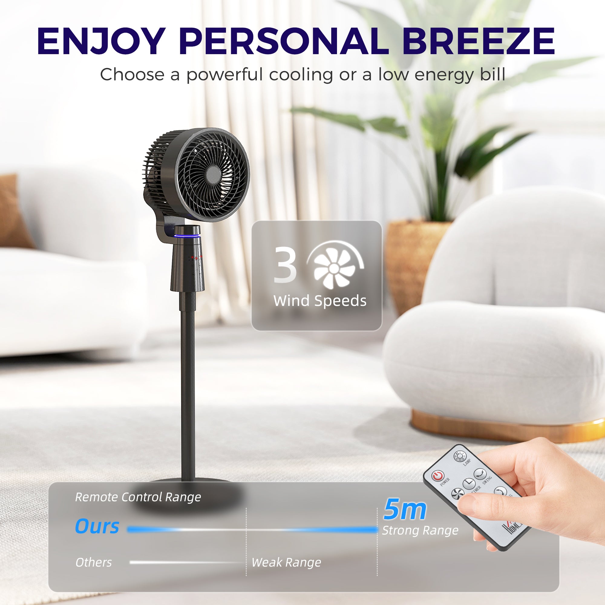 HOMCOM Pedestal Air Circulation Fan with Oscillating, Light Off, Black