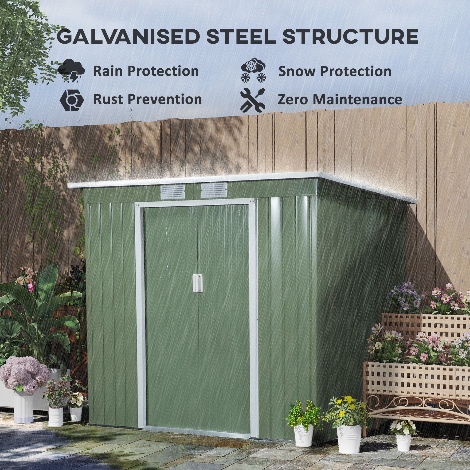 Outsunny 7 x 4ft Galvanised Steel Garden Shed, with Foundation Kit - Green