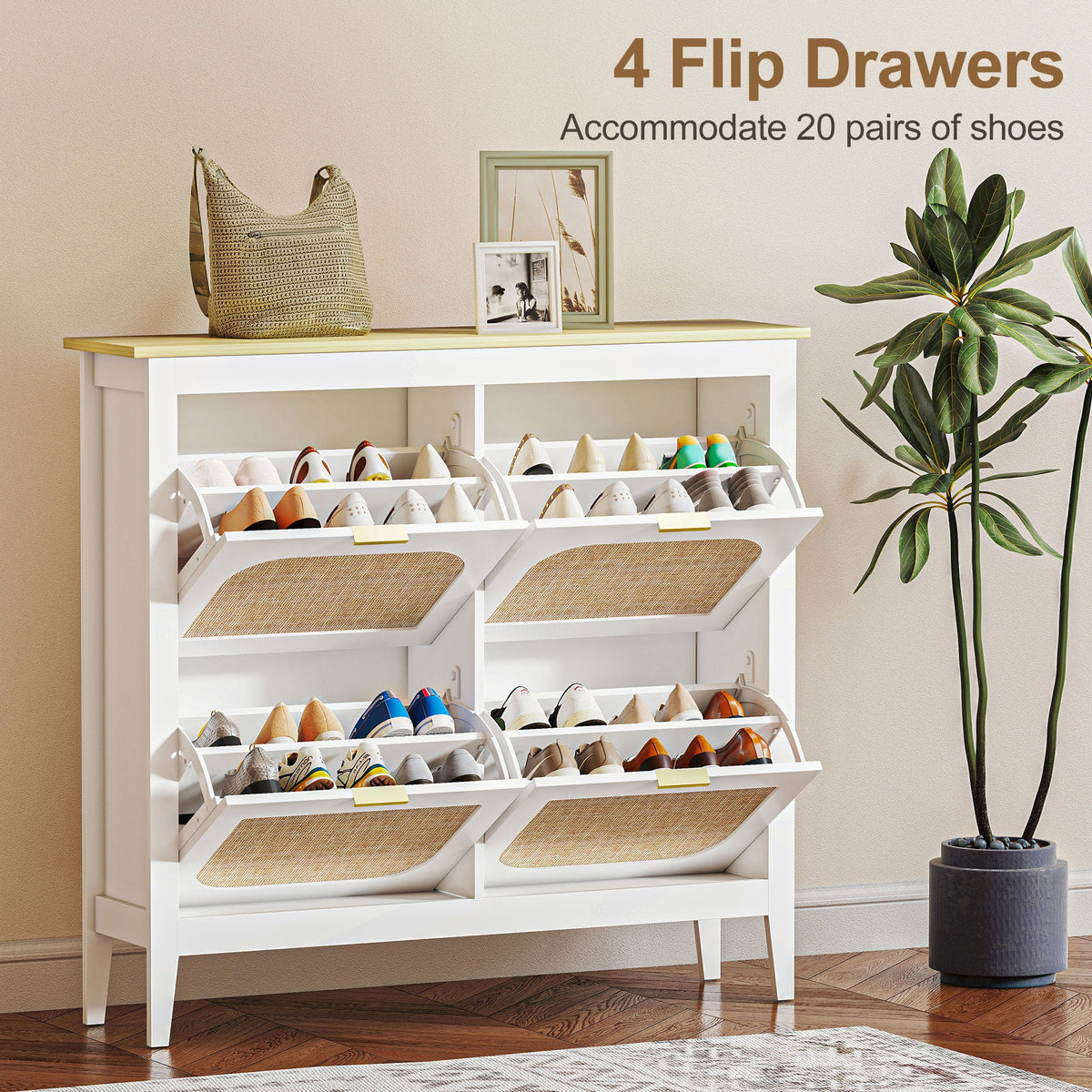 HOMCOM Narrow Shoe Cabinet, Boho Slim Shoe Storage Cabinet with 4 Flip Drawers, Holds 20 Pairs, White