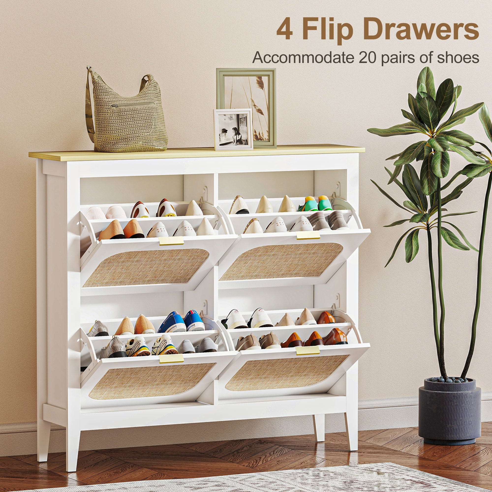 HOMCOM Narrow Shoe Cabinet, Boho Slim Shoe Storage Cabinet with 4 Flip Drawers, Holds 20 Pairs, White
