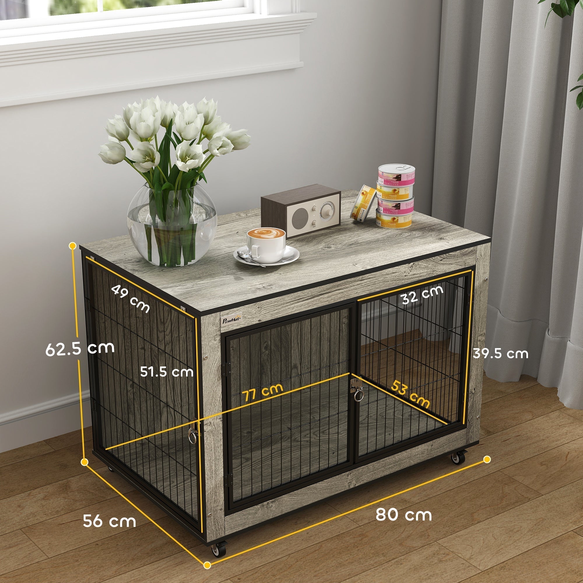 PawHut Dog Crate Furniture with Wheels, Double Doors, for Medium Dogs, Grey