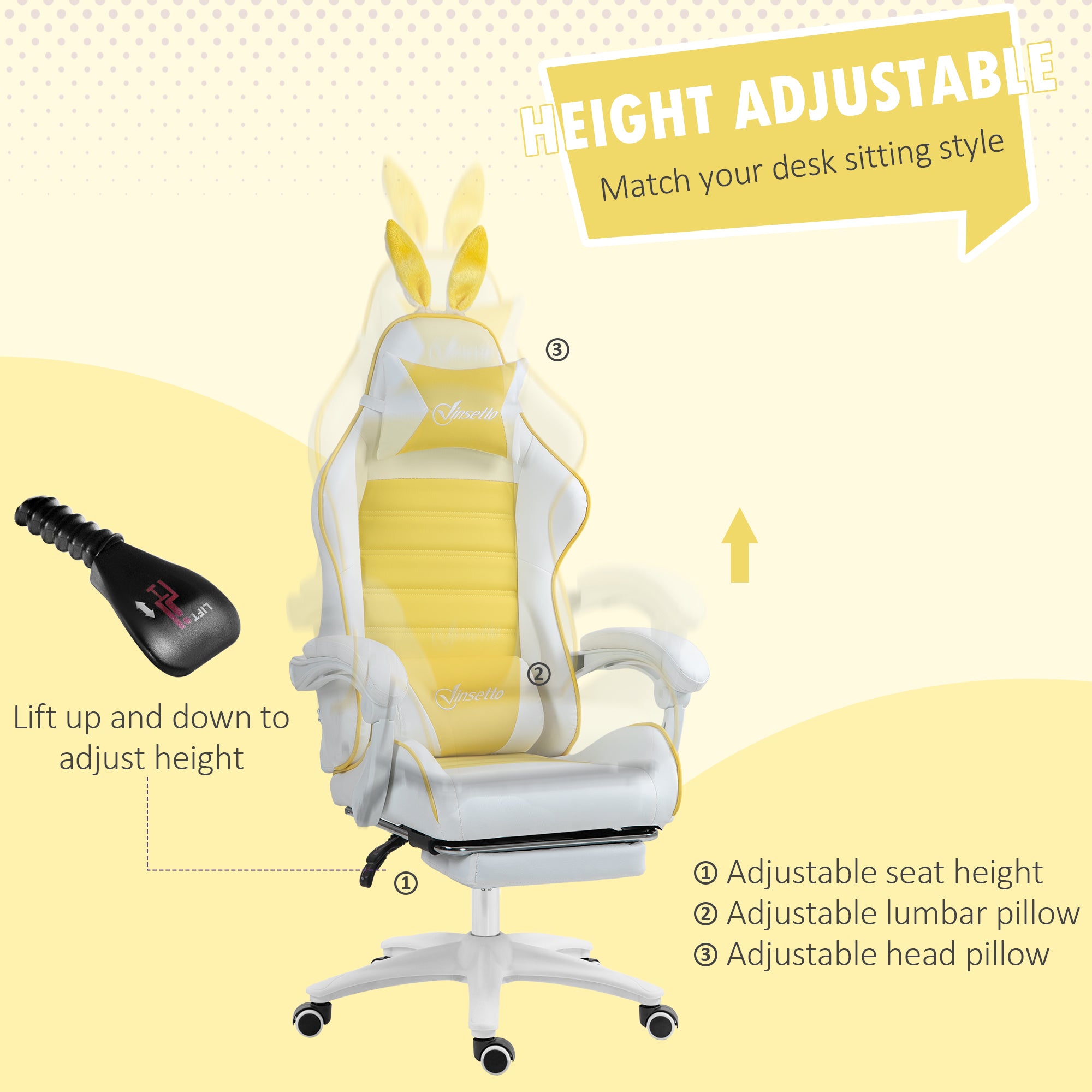 Vinsetto Reclining Racing Gaming Chair with Headrest and Lumber Support, PU Leather Computer Chair with Removable Rabbit Ears, Footrest, Yellow