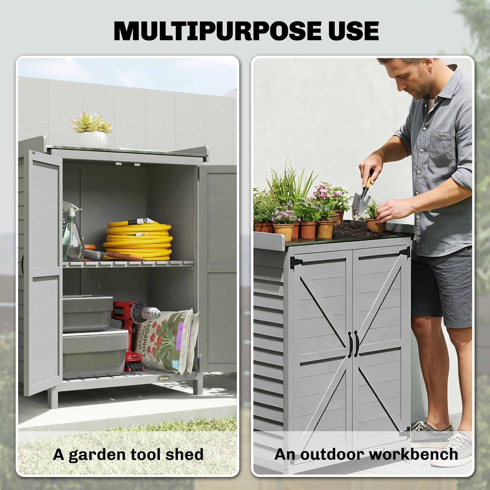 Outsunny Wooden Garden Shed, Garden Tool Storage Shed with Shelf and Side Hooks, 71.5 x 39 x 95 cm, Grey