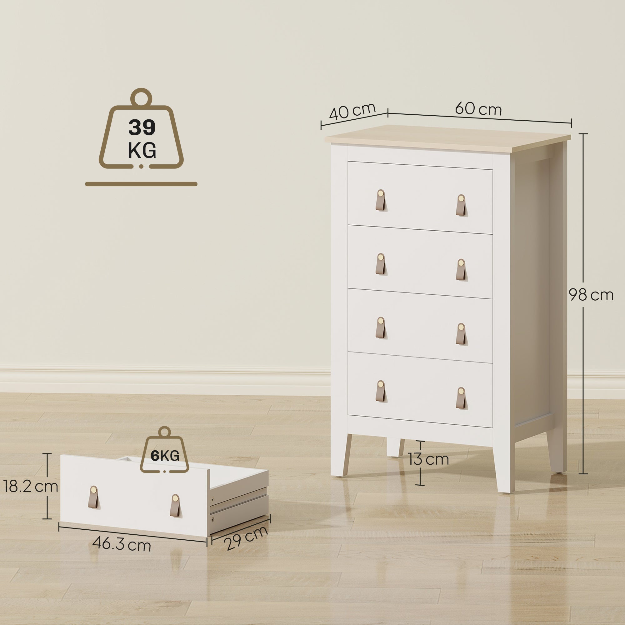 HOMCOM Bedroom Chest of Drawers, Modern 4 Drawer Dresser Cabinet with PU Leather Handles and Metal Runners for Living Room, Hallway, Entryway, White
