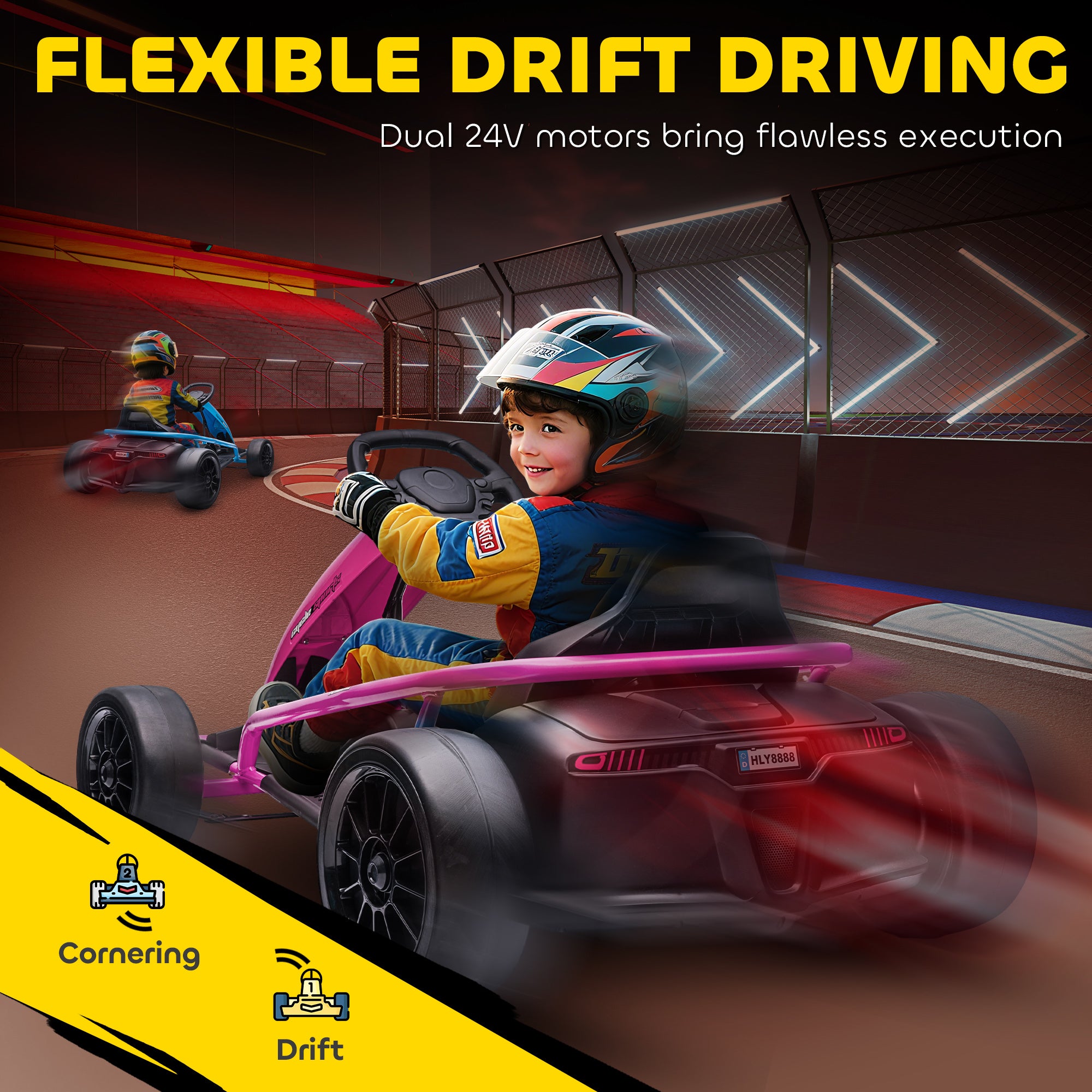 HOMCOM 24V Electric Go Kart for Kids, Drift Ride-On Racing Go Kart with 2 Speeds, for Boys Girls Aged 8-12 Years Old, Pink