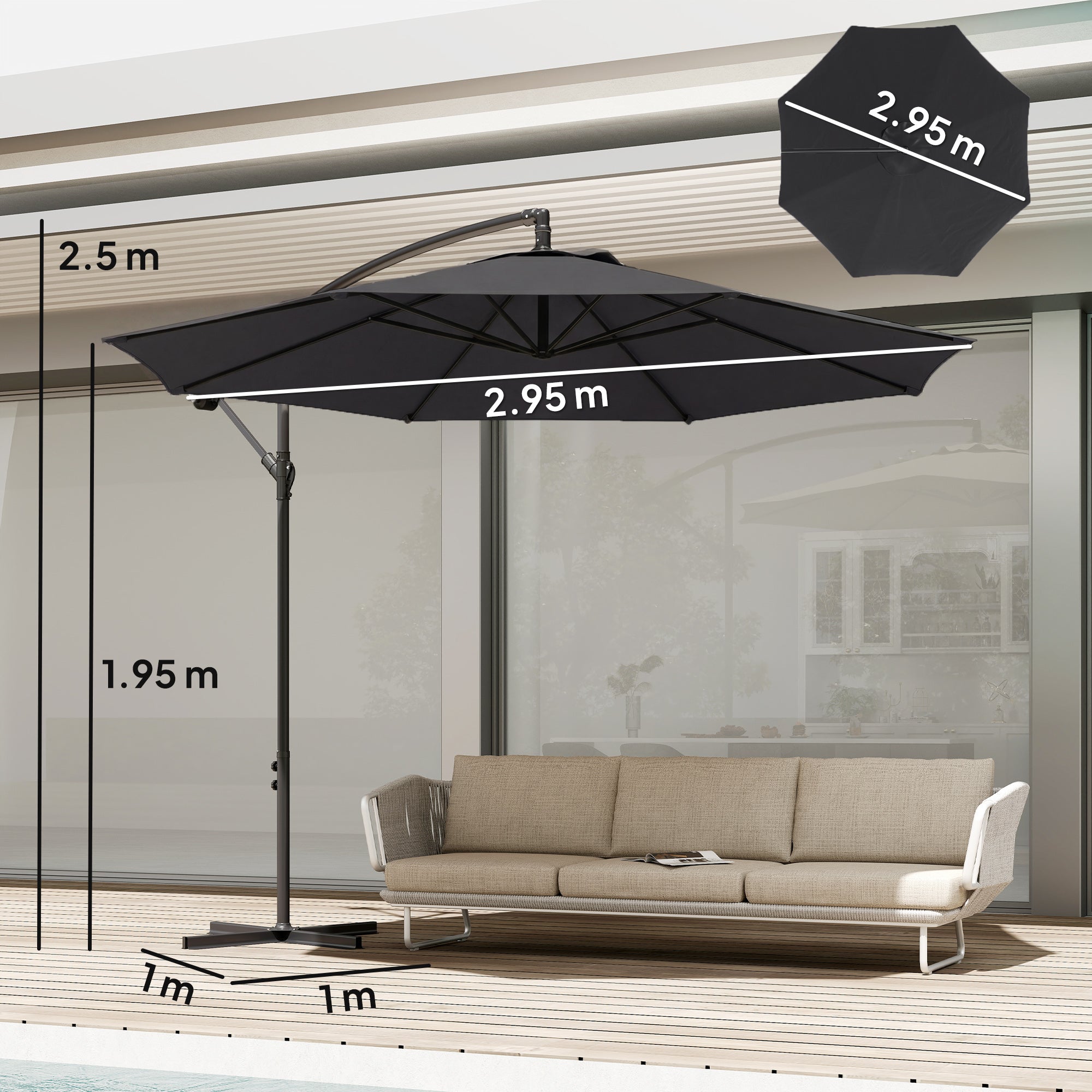 Outsunny 3 m Overhanging Cantilever Parasol, with Cross Base - Black