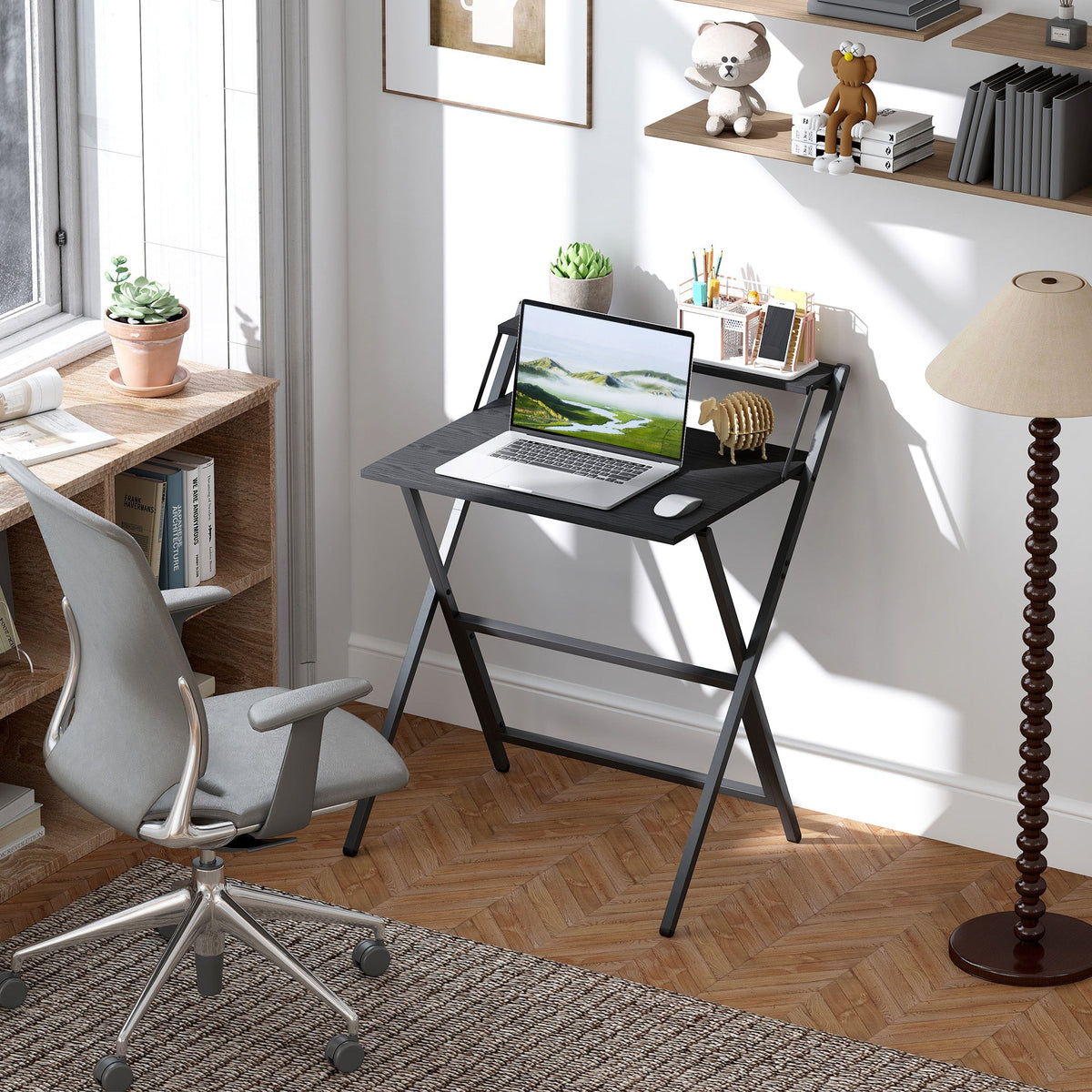 HOMCOM 70 cm Folding Computer Desk with Monitor Shelf - Black
