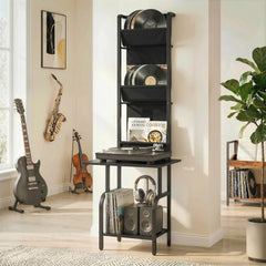 HOMCOM Vinyl Record Player Stand Record Storage with Player Stand Oxford Fabric Pockets Bottom Shelf, Black