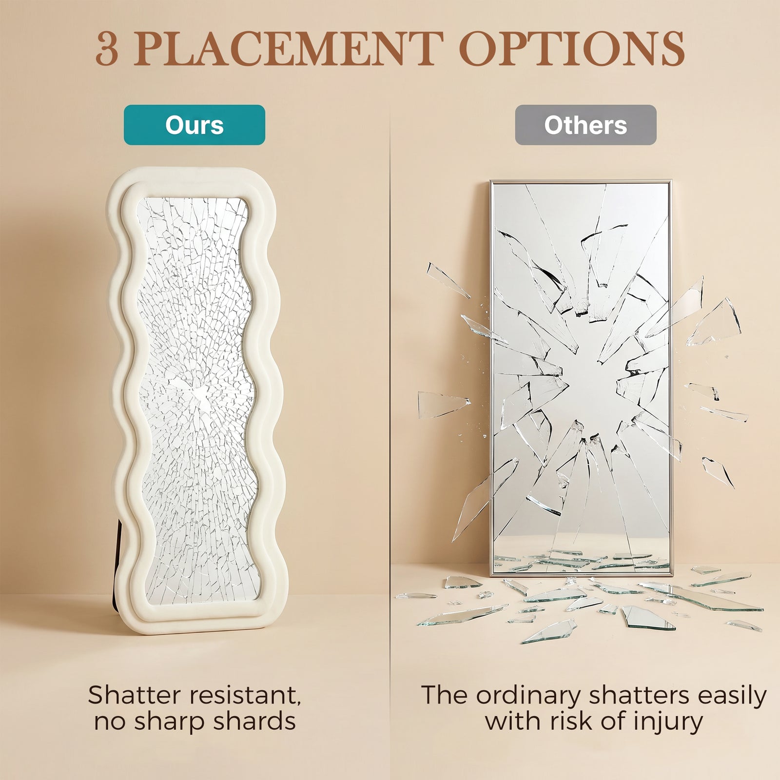 HOMCOM Full Length Mirror, 160 x 60 cm Wavy Full Body Wall Standing Mirror with Velvet Frame and Tempered Glass, Cream White