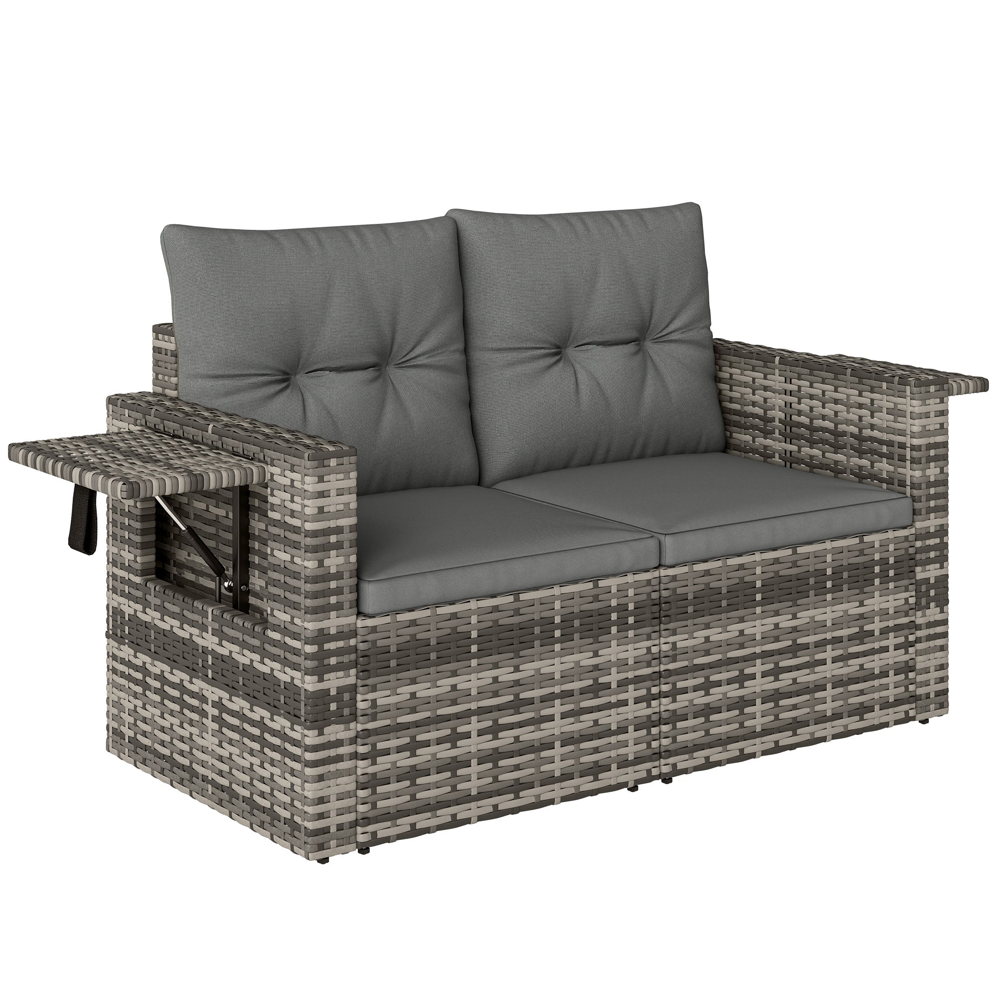 Outsunny 2 Seater Rattan Garden Sofa Outdoor Loveseat with Hidden Side Trays and Cushions for Patio Balcony, Dark Grey