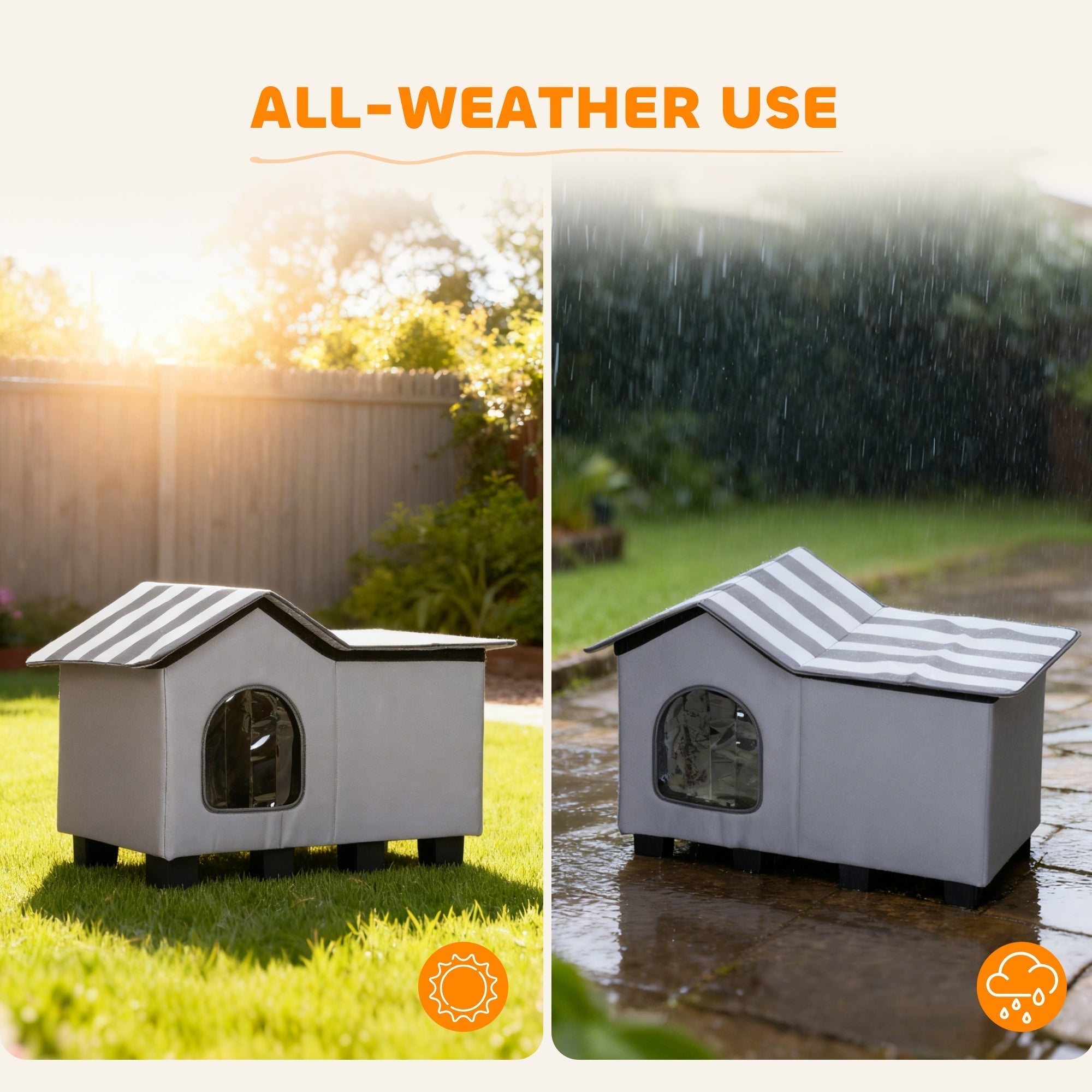 PawHut Outdoor Cat House, Weather Resistant Feral Cat Cave with Elevated Base and Cushion for Winter, Grey