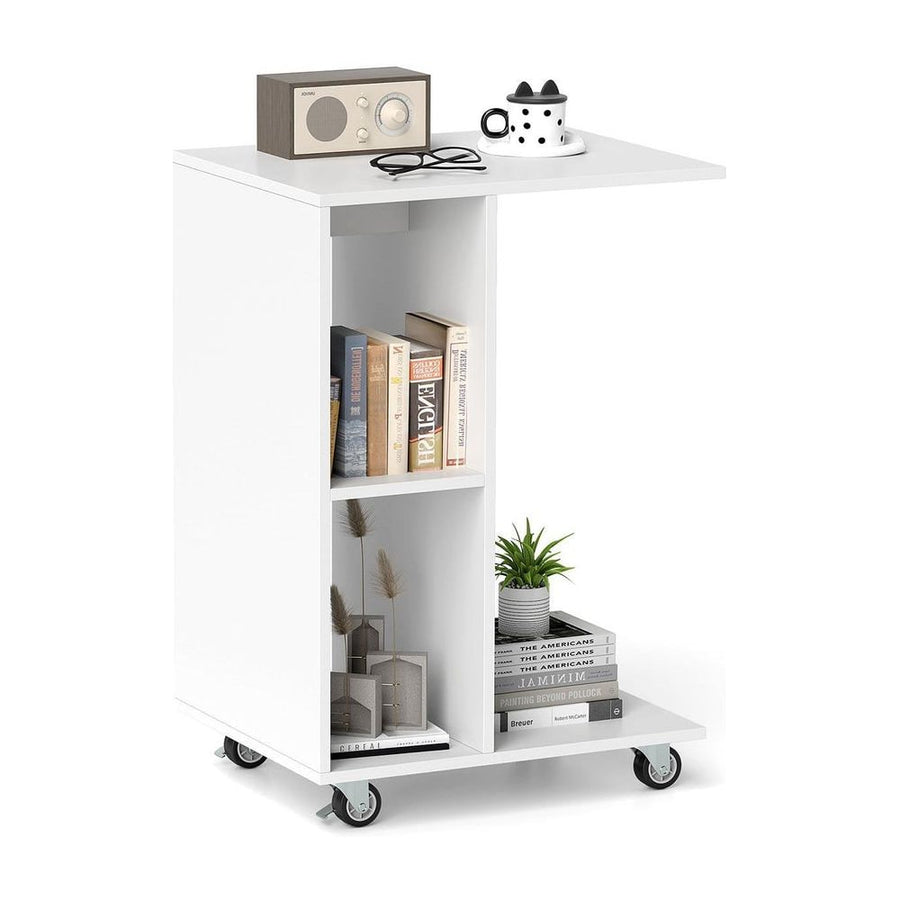 C-Shaped End Table Narrow Side Table with Storage Shelves-White
