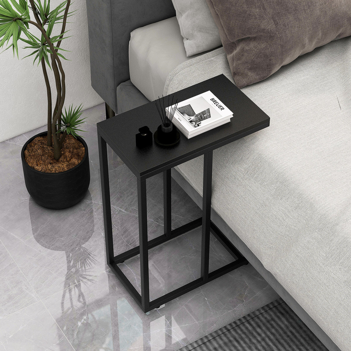 C-Shaped End Table for Couch and Bed with Metal Frame-Black