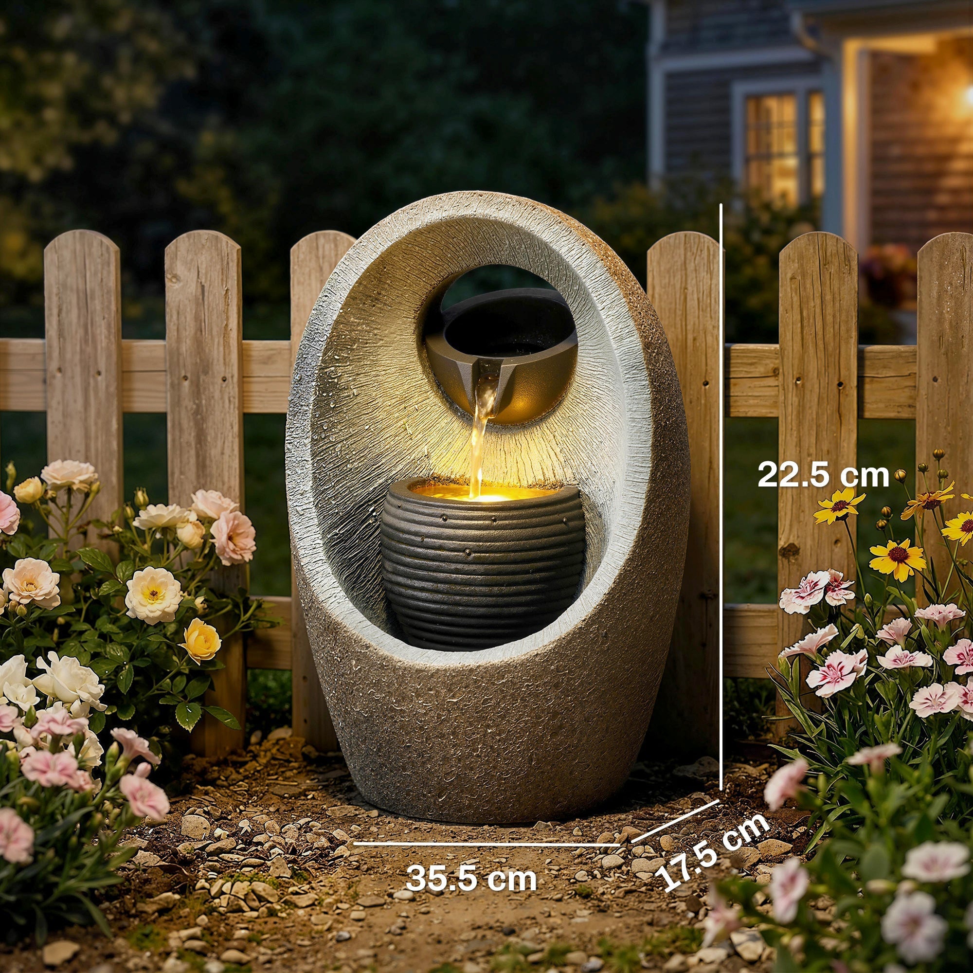 Outsunny Water Feature with 2-Tier Bowls, Garden Water Fountain with Pump and LED Lights, Resin Cascading Waterfall