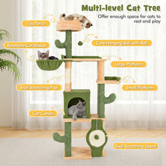 160 CM Cactus Cat Tree with Sisal Scratching Posts for Indoor Cats
