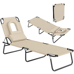 Outsunny Folding Sun Lounger with Face Hole, 4-Position Adjustable Backrest Garden Recliner Chair Sunbed, Outdoor Lounge Chair with 600 D Oxford Cloth Seat, Pillow for Beach, Beige