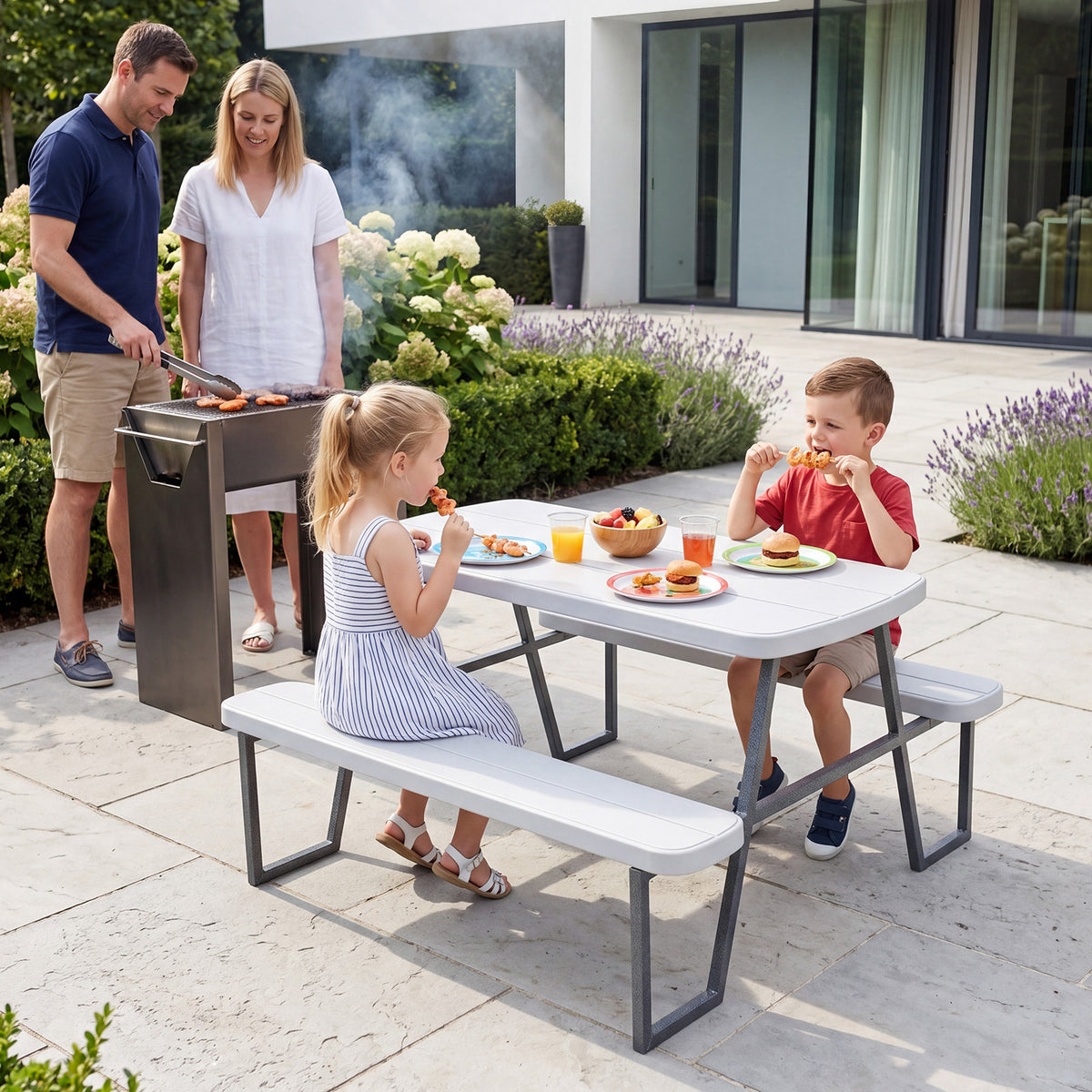 Camping Table and Chairs with Umbrella Hole and Metal Frame for Boys Girls Ages 3-8-White