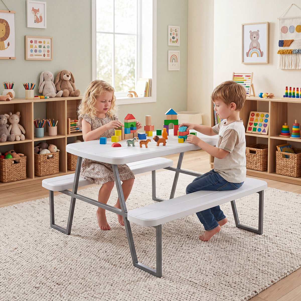 Camping Table and Chairs with Umbrella Hole and Metal Frame for Boys Girls Ages 3-8-White