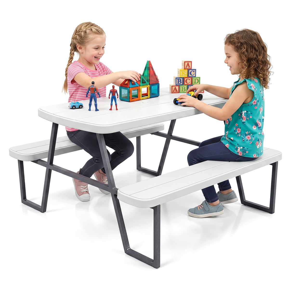 Camping Table and Chairs with Umbrella Hole and Metal Frame for Boys Girls Ages 3-8-White