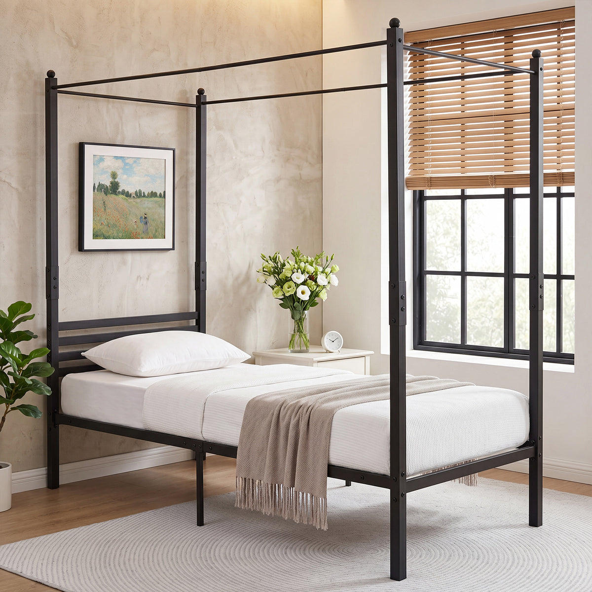 Canopy Bed Frame with 4-Poster and Headboard and Under-bed Storage-Black