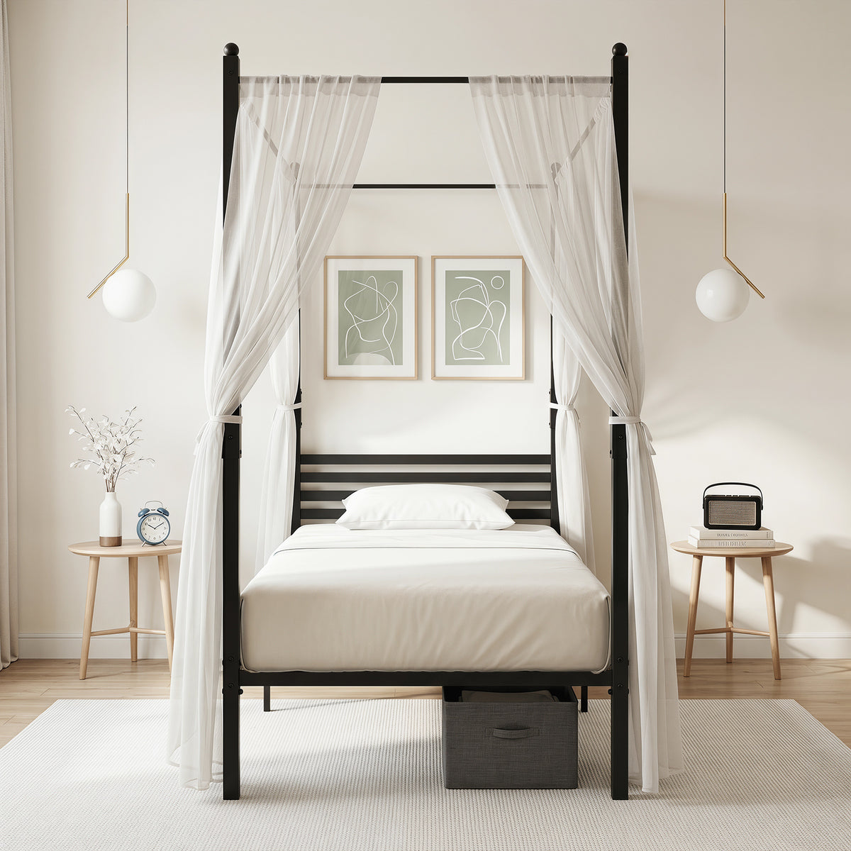Canopy Bed Frame with 4-Poster and Headboard and Under-bed Storage-Black