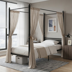 Canopy Bed Frame with 4-Poster and Headboard and Under-bed Storage-Black