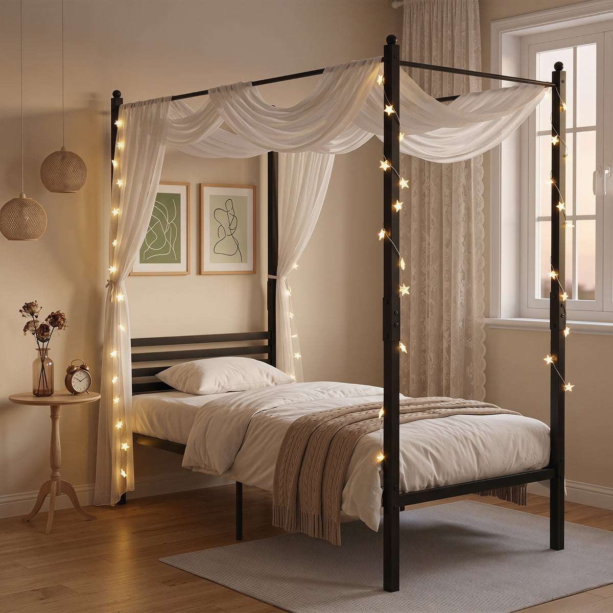 Canopy Bed Frame with 4-Poster and Headboard and Under-bed Storage-Black