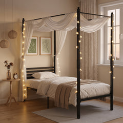Canopy Bed Frame with 4-Poster and Headboard and Under-bed Storage-Black