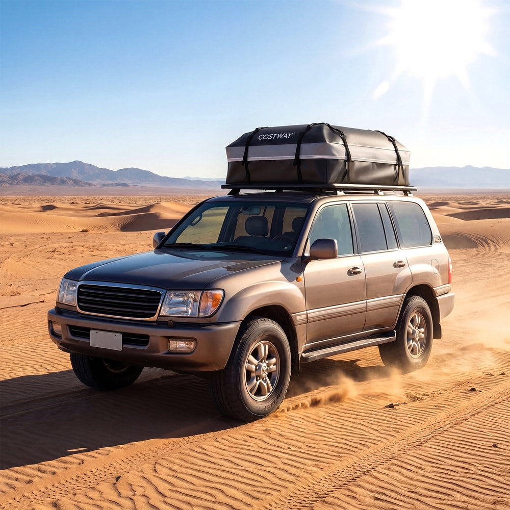 The cargo carrier mounted on a car driving across a sunny desert landscape
