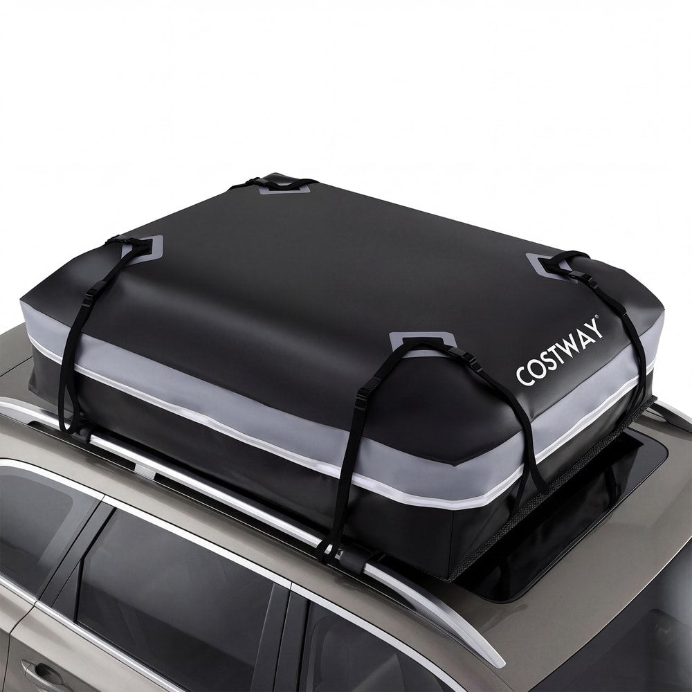 The cargo carrier strapped securely to the roof rails of a car