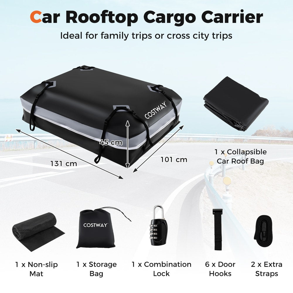 The roof bag shown with dimensions and all components laid out on a white background