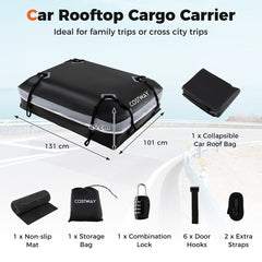 The roof bag shown with dimensions and all components laid out on a white background