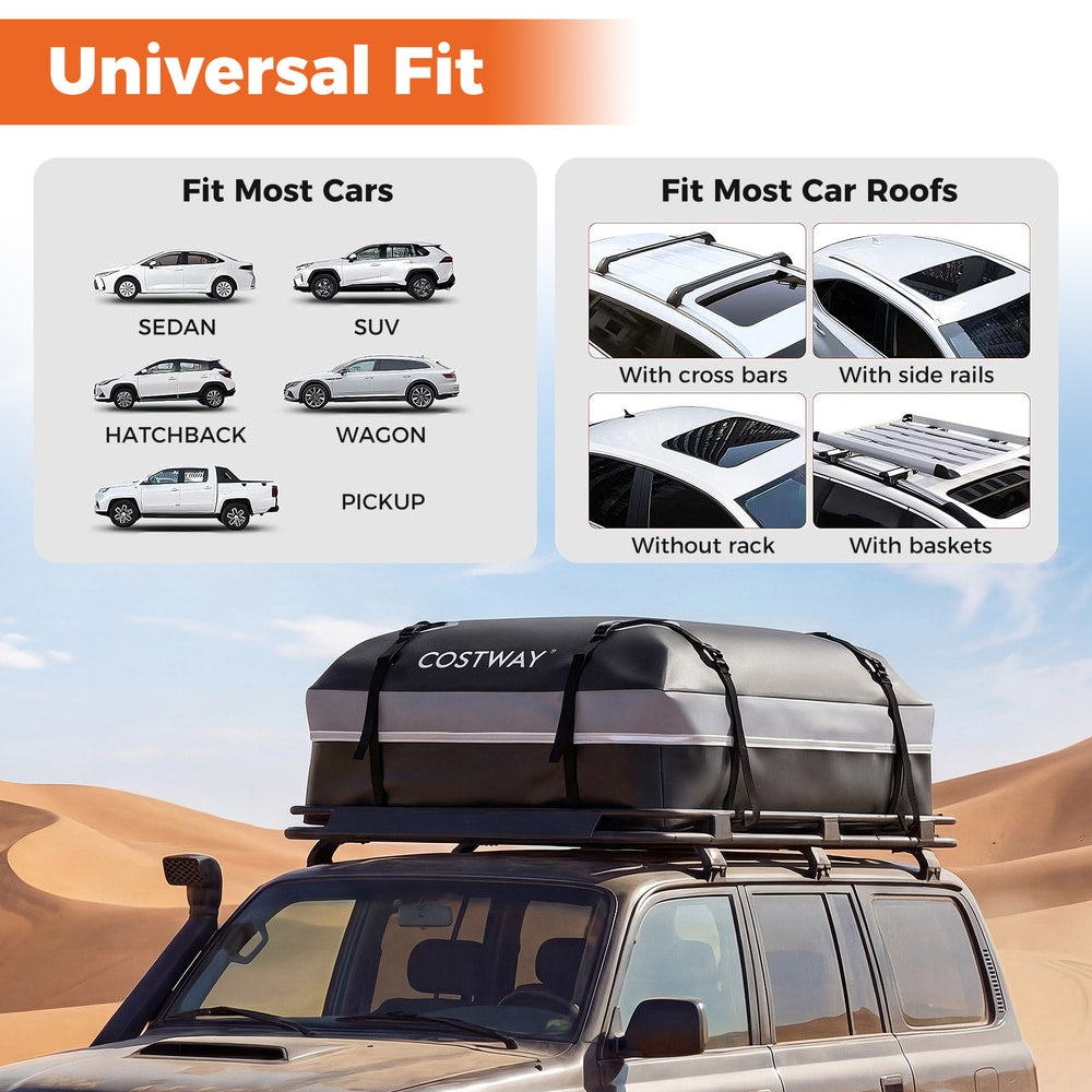 The roof bag displayed with diagrams showing compatibility with different car types