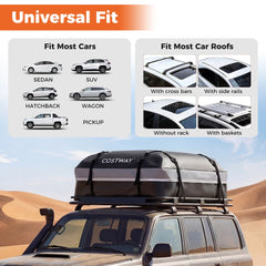 The roof bag displayed with diagrams showing compatibility with different car types
