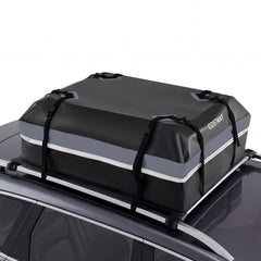 Car Rooftop Cargo Carrier Waterproof Heavy-Duty PVC Roof Bag in grey, attached to roof racks