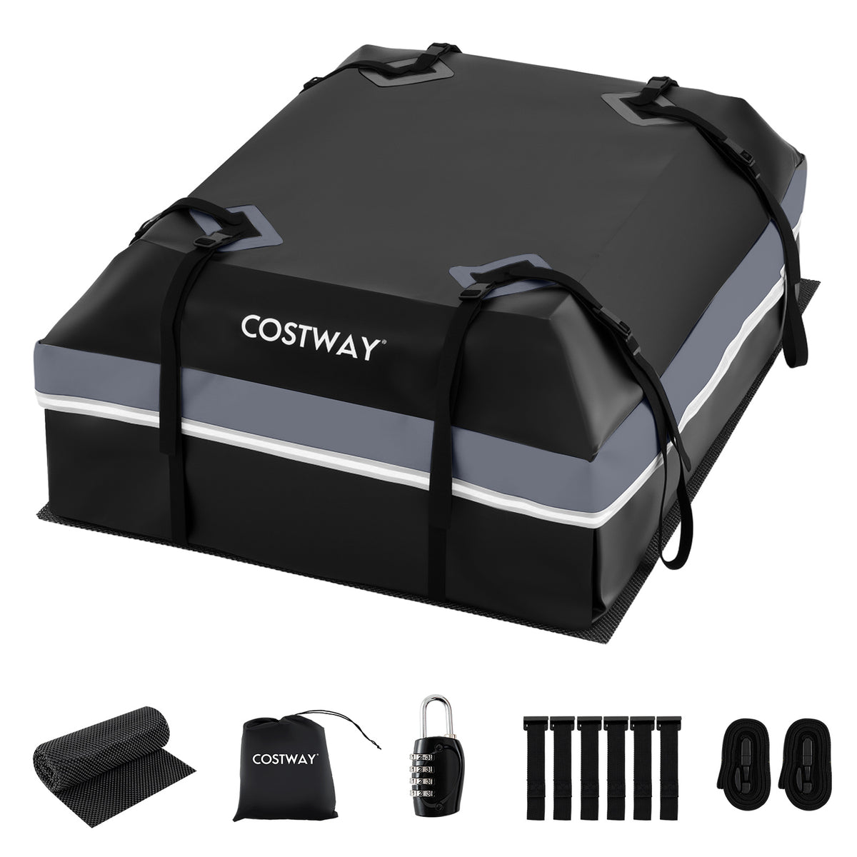 The grey roof bag with accessories including a mat, storage bag, lock, and straps