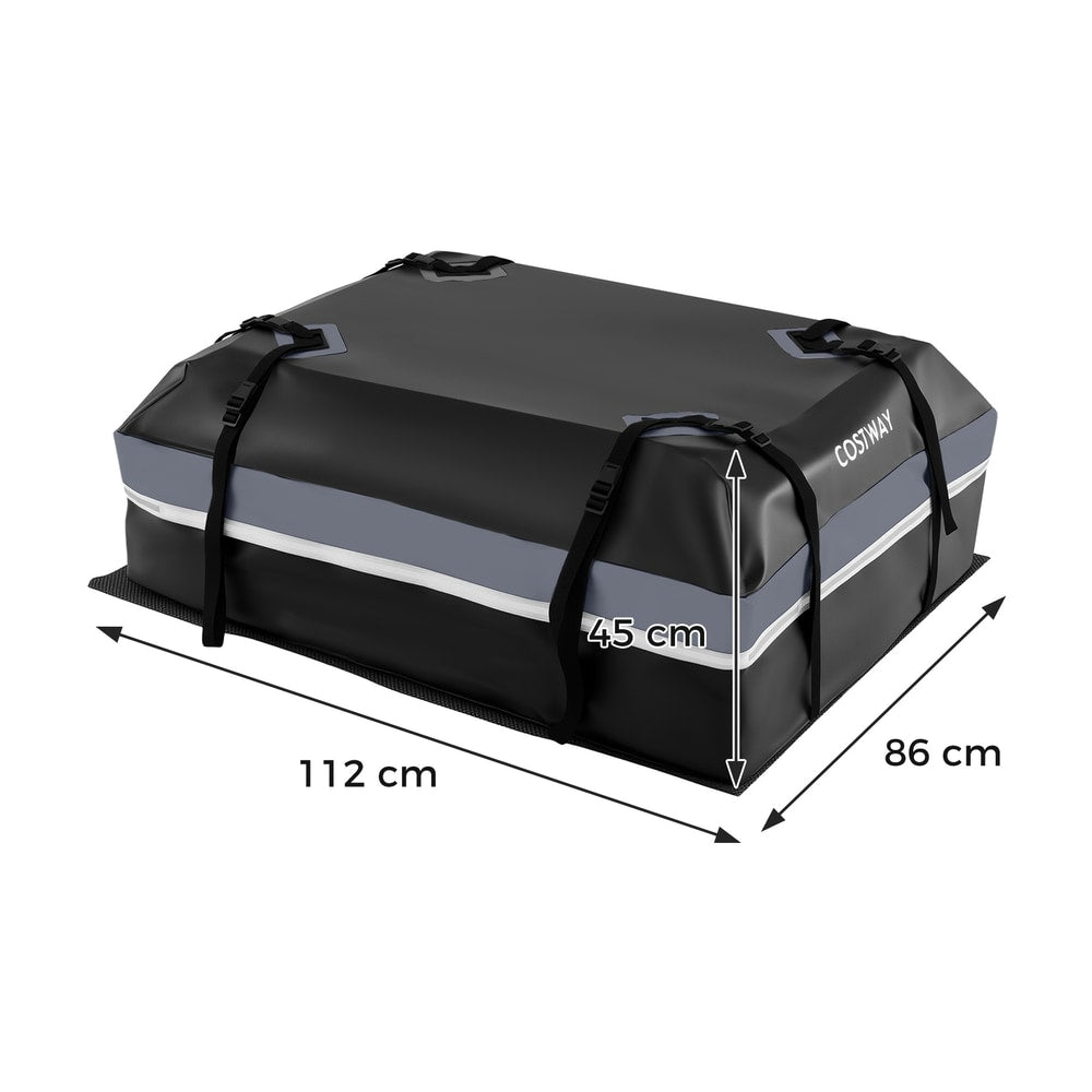 The grey car rooftop cargo carrier with dimensions labelled