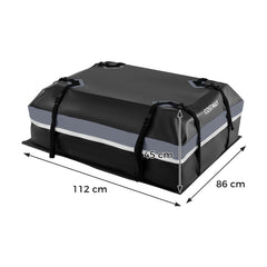 The grey car rooftop cargo carrier with dimensions labelled