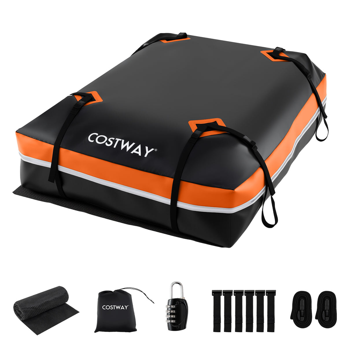 The roof bag and its accessories laid out on the ground