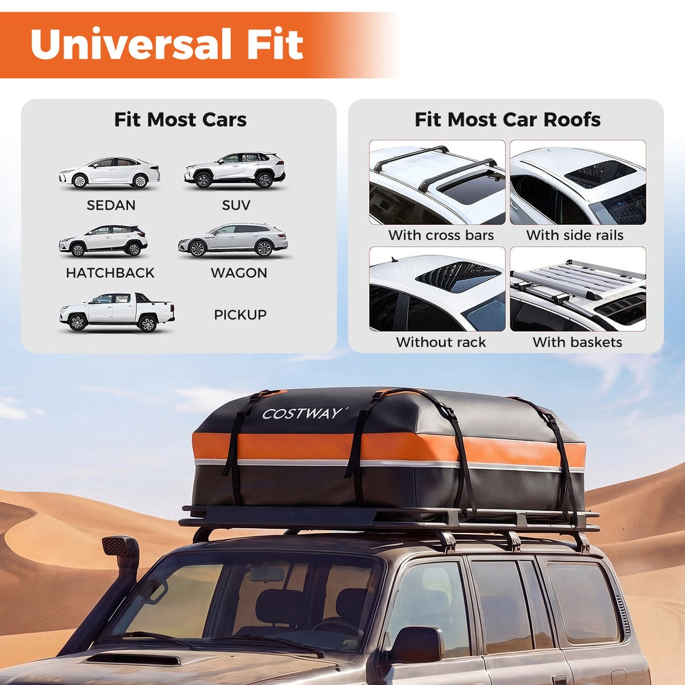 Diagrams showing the roof bag fits most cars and car roof types