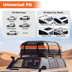 Diagrams showing the roof bag fits most cars and car roof types