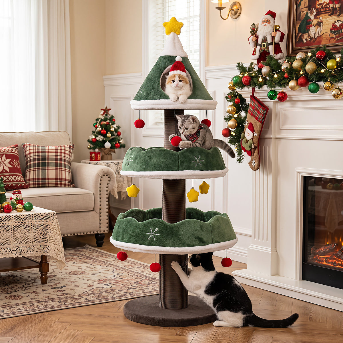 Cat Christmas Tree with Cozy Condo and Scratching Posts-Green