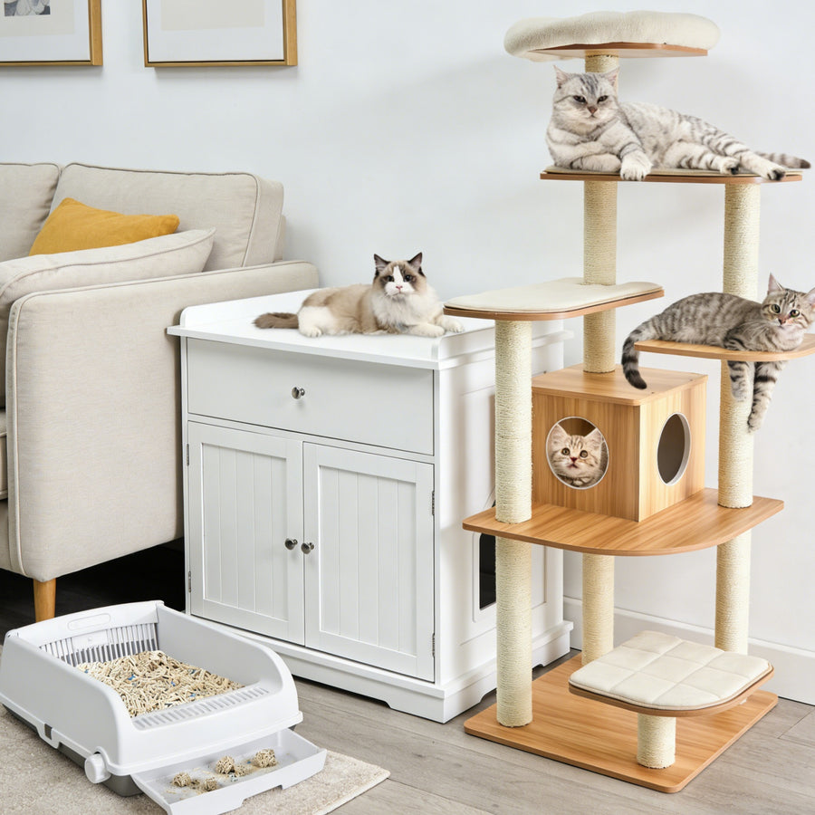 Cat Furniture with Cat litter box enclosure Semi-auto Open-top Cat Litter Box and 179cm Cat Tree