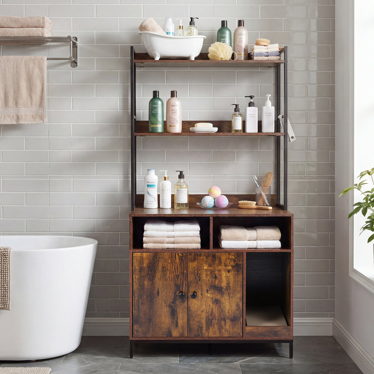 Cat Litter Box Enclosure 144.5 cm Tall Hidden Cat Washroom Furniture with Wide Countertop-Rustic Brown