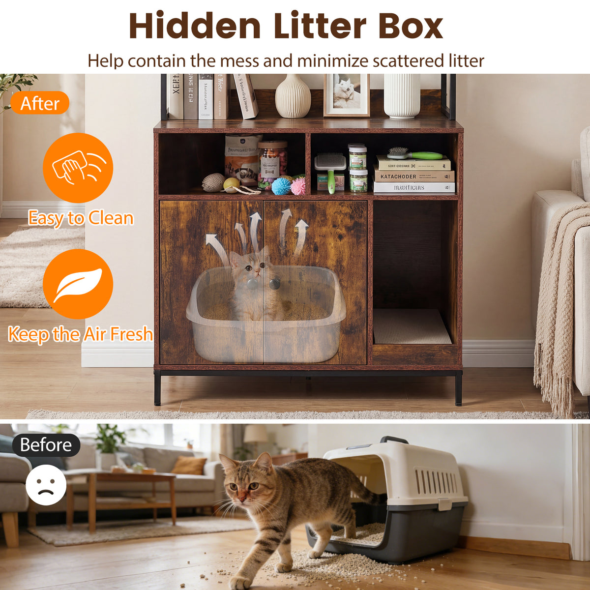 Cat Litter Box Enclosure 144.5 cm Tall Hidden Cat Washroom Furniture with Wide Countertop-Rustic Brown