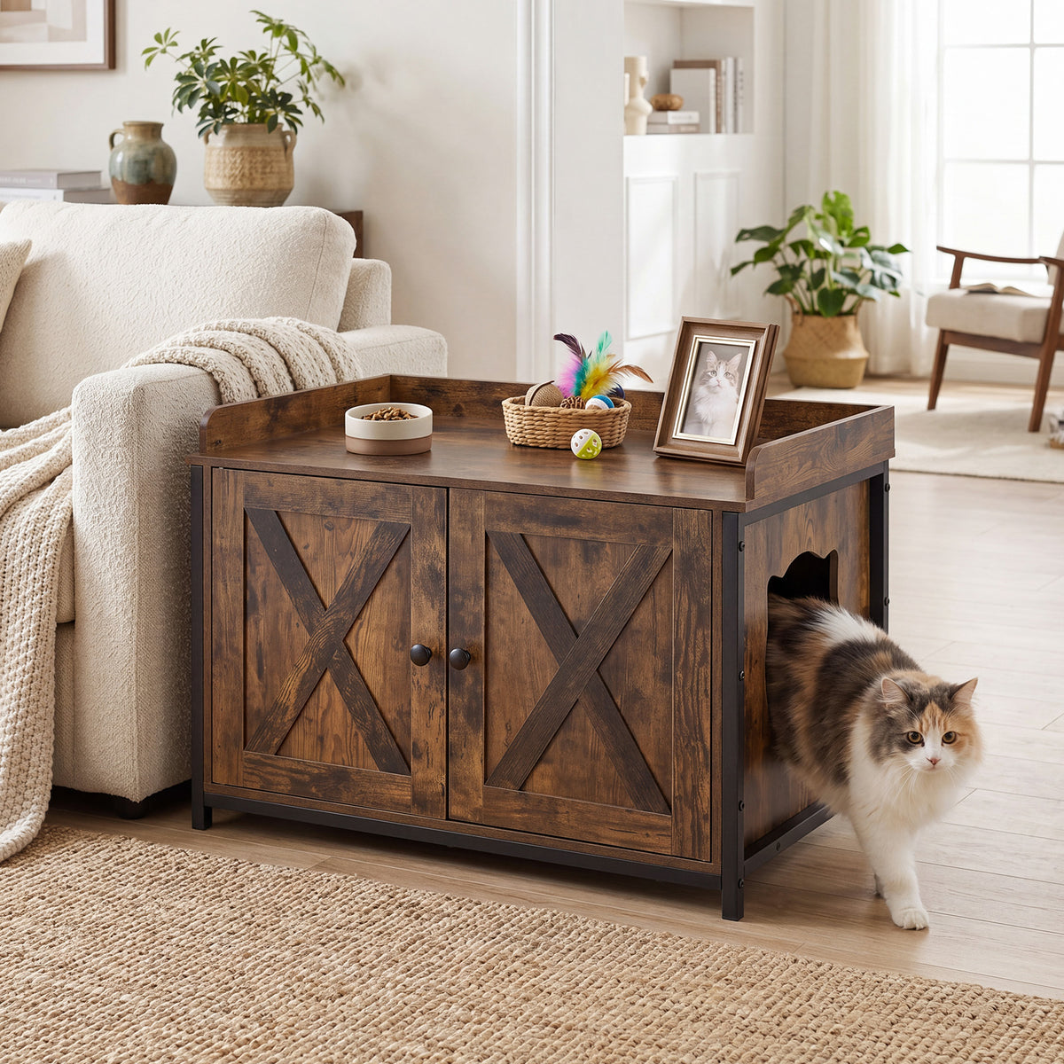 Cat Litter Box Enclosure with 2 Barn Doors Metal Legs and Side Entrance-Rustic Brown