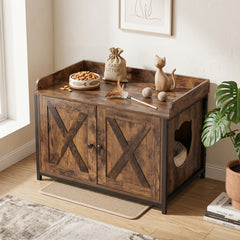 Cat Litter Box Enclosure with 2 Barn Doors Metal Legs and Side Entrance-Rustic Brown